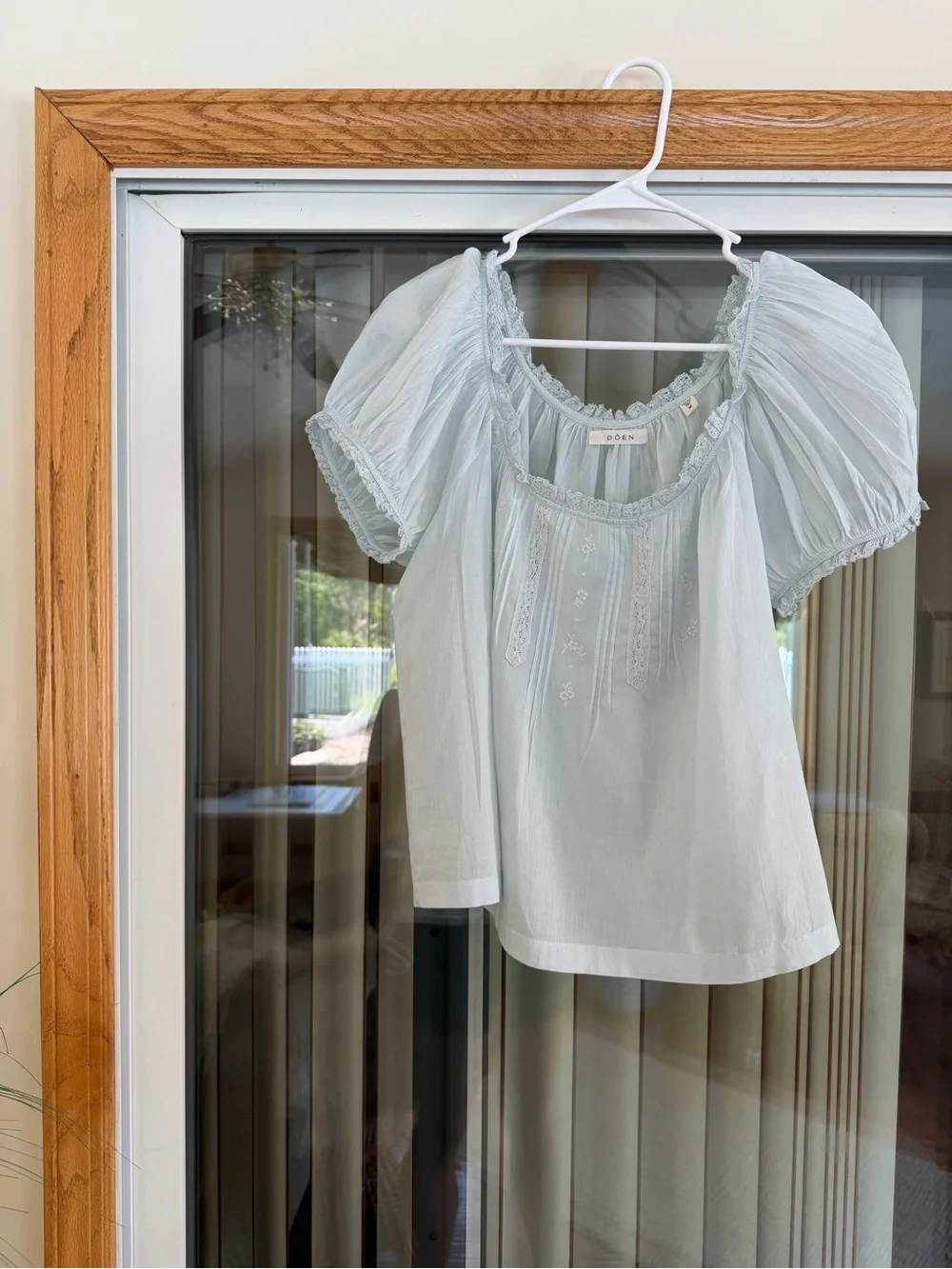 Doen Powder Blue Embroidered Puff-Sleeve Frederica Blouse - Picture 1 of 6